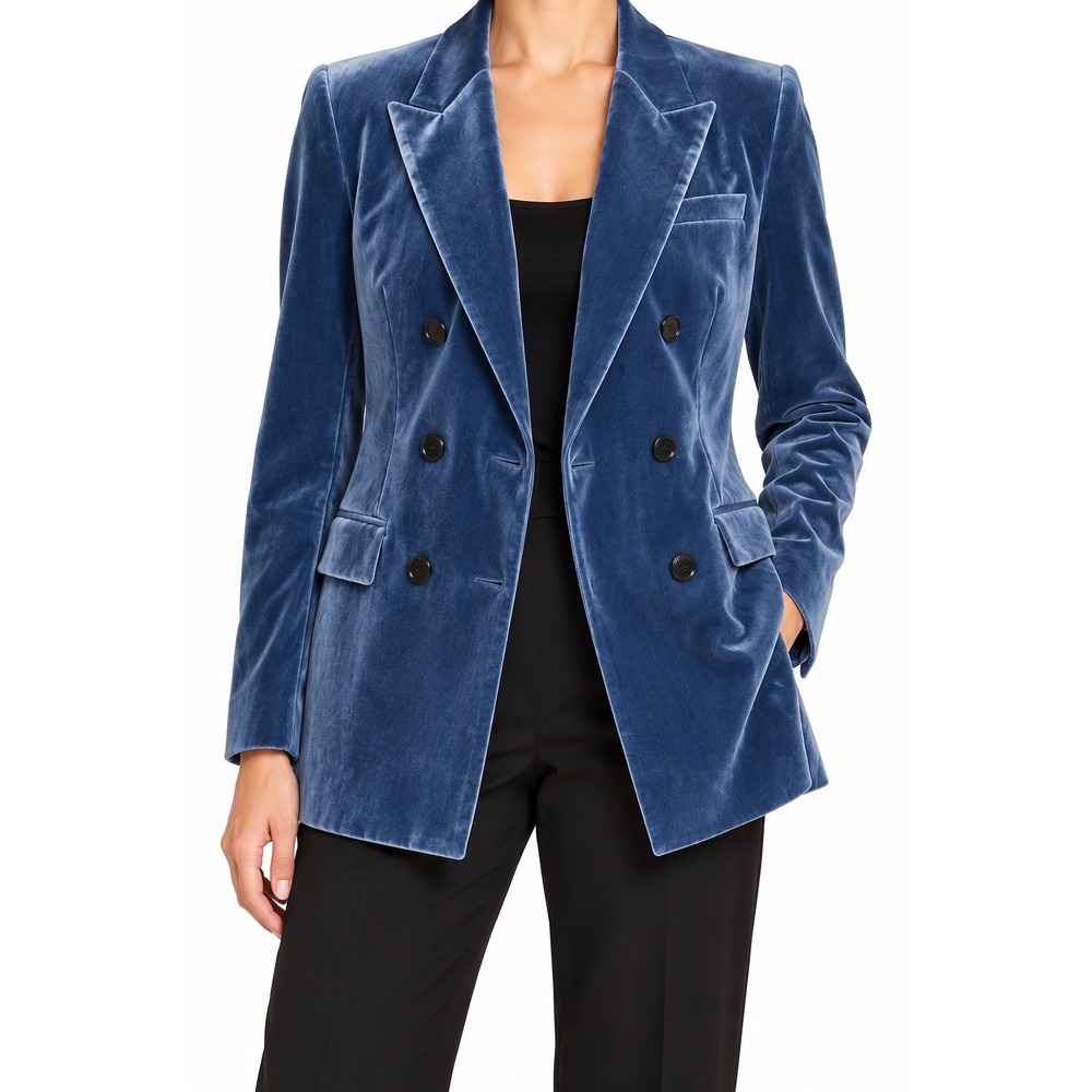 Lafayette 148 Blue Velvet Double Breasted Blazer Silk Blend Size 12